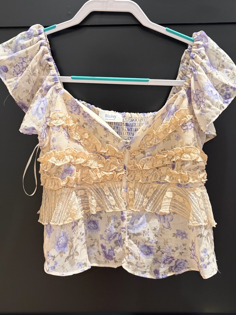 Bluivy Lavender Floral Ruffle Peasant Blouse